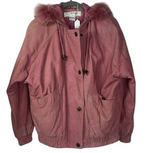 Maggie Lawrence pink leather zip/snap close fox fur trim bomber jacket Sz M PINK